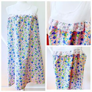 Vintage 70s Mumu Sz L Pink Multicolor Boho House Dress Nightgown Ruffle Floral